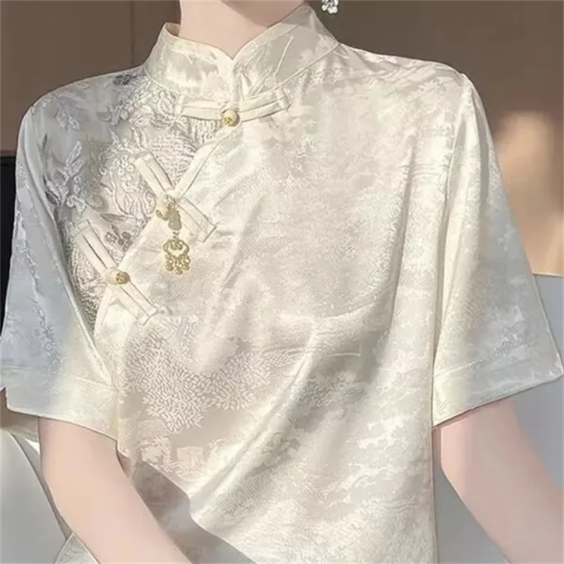 

Spring Women Fashion Short Sleeve Shirt Retro Lady Leisure Cardigan Satin Outwear 2025 Femme Stand-up Collar Jacquard T-shirt