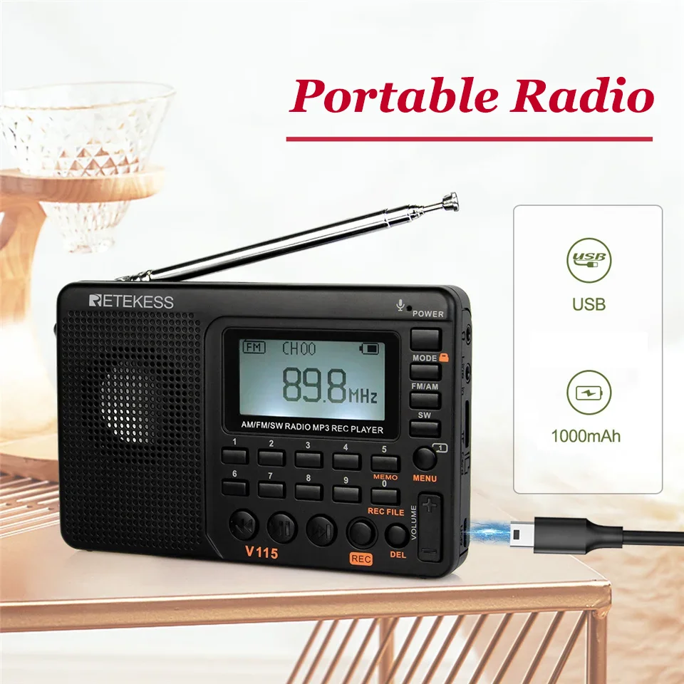 Portable Radio FM AM SW Radios AM FM Rechargeable Shortwave Radio On Batteries All Full Waves USB Recorder Speaker for Kids Olds