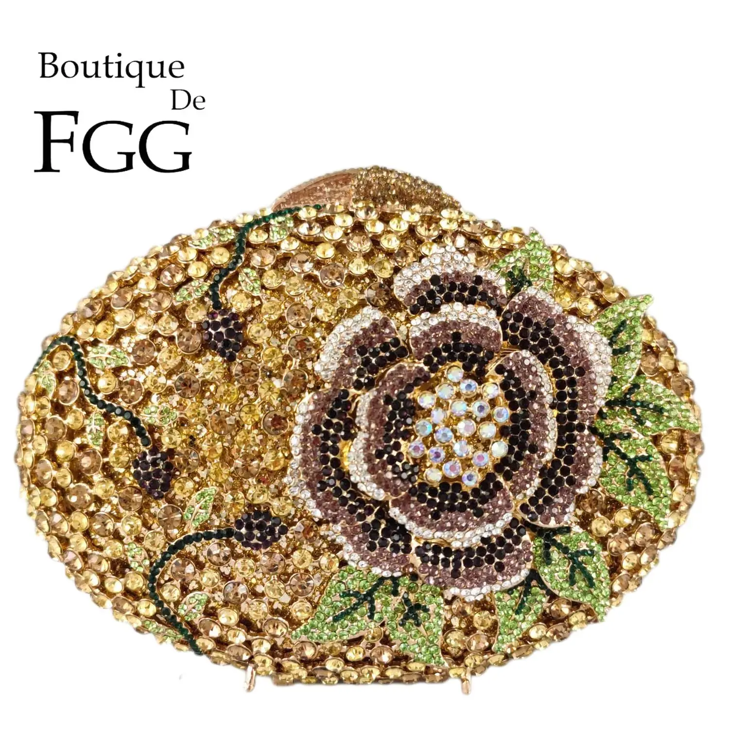 

Boutique De FGG Colorful Gold Women Crystal Flower Evening Clutch Bags Party Cocktail Rhinestone Handbags Bridal Wedding Purses