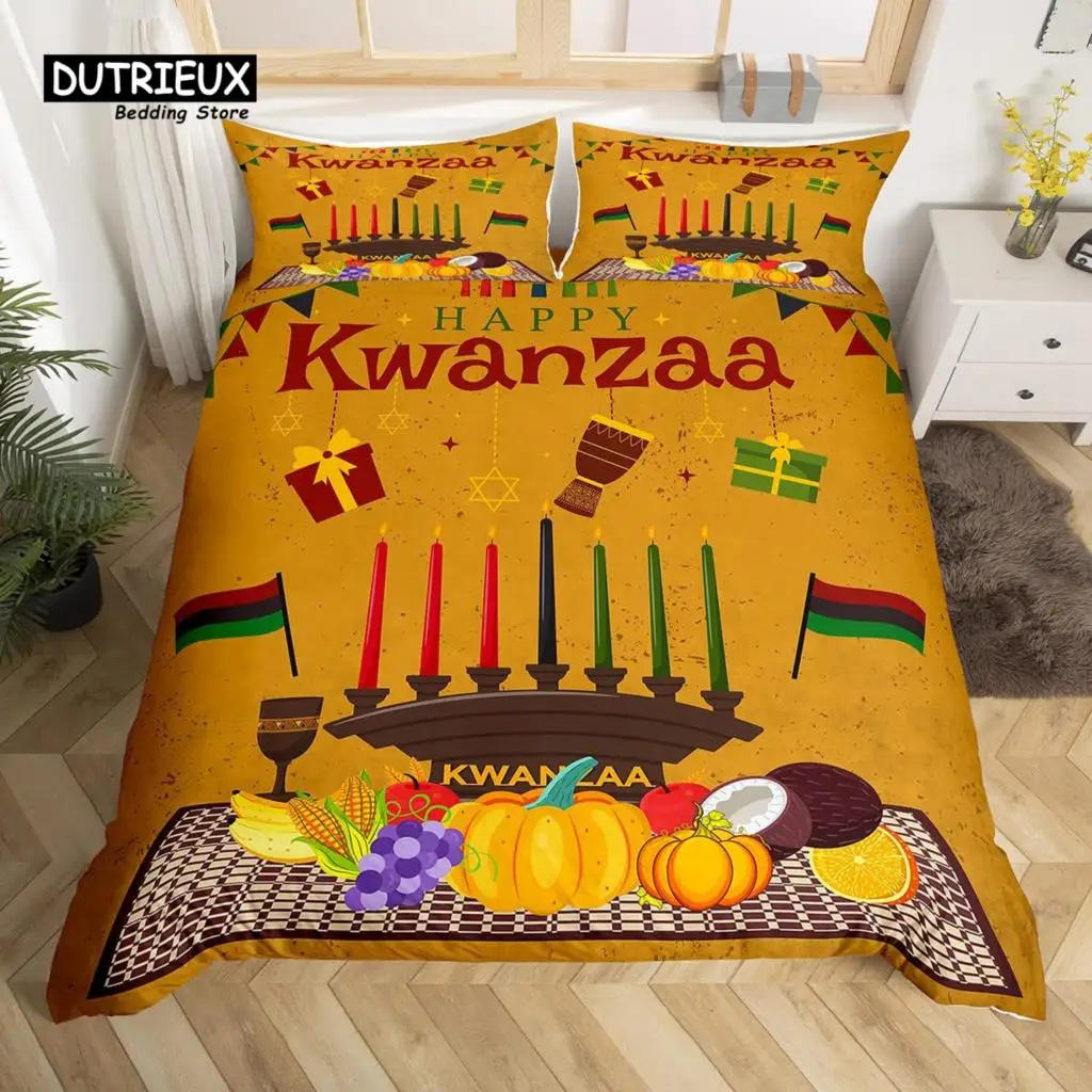 

Happy Kwanzaa Duvet Cover Fall Harvest Theme Candles Pumpkin Comforter Cover African Heritage Holiday Bedding Set Twin King Size