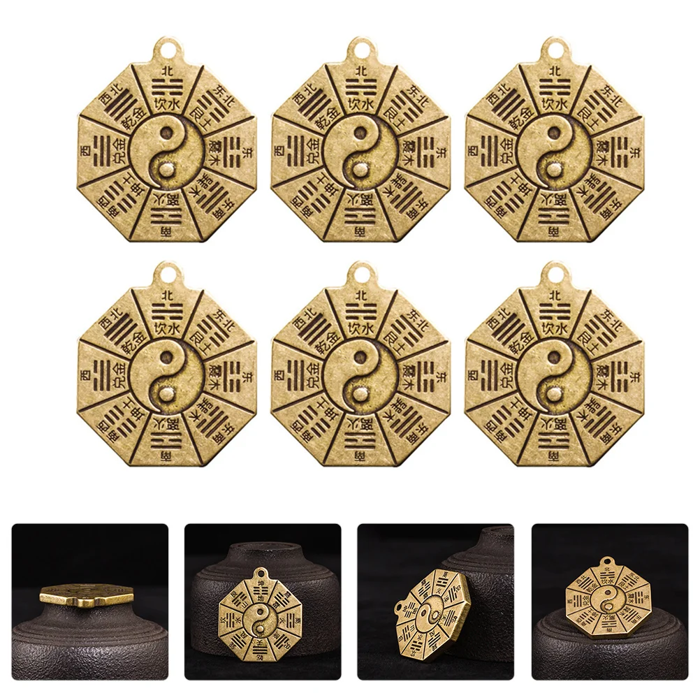 6 PCS Gossip Array Pendant Eight-Diagram Keychain Charm Safety Coin Copper for Decor