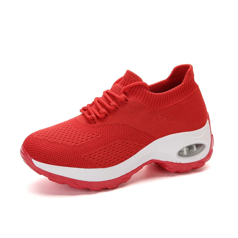 Women Tennis Shoes Air Cushion Red Sports Shoes High Heels Mesh Lace-up Female Sock Footwear Outdoor Thick Bottom Women Sneakers