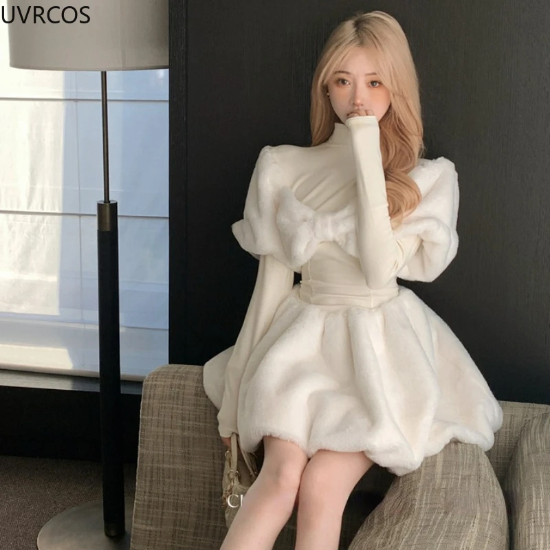 Winter Sweet Half High Collar Lolita Dress Women Elegant Plush Patchwork Bow Party Mini Dresses Korean Style Casual Slim Dresses