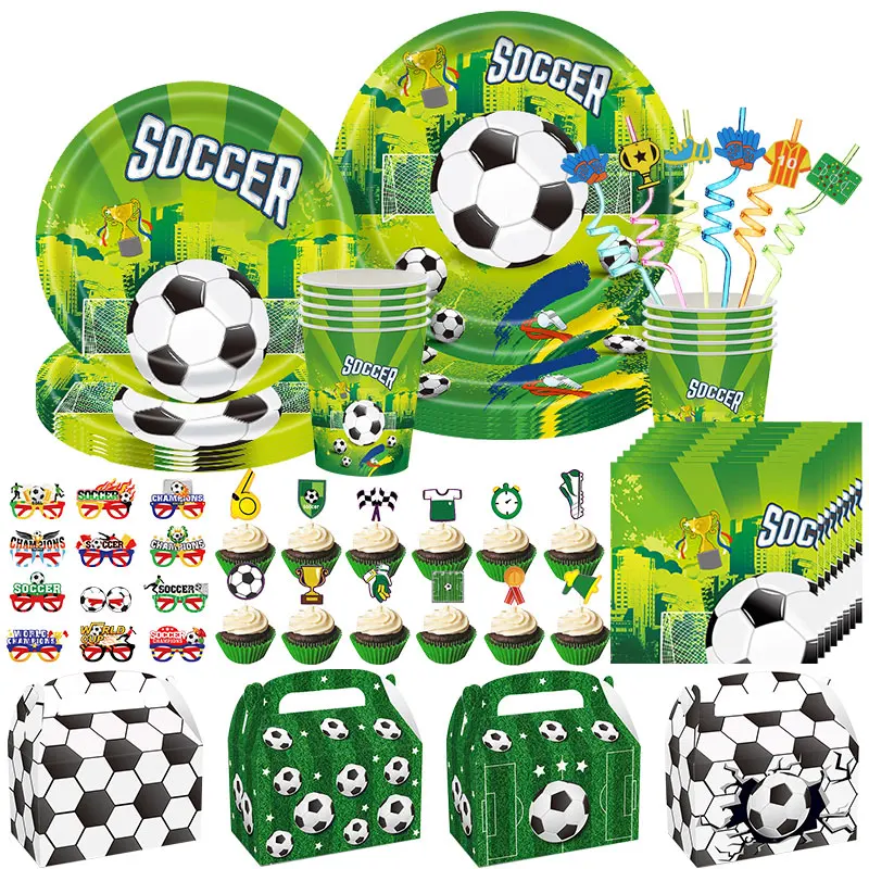 Decoración de fiesta de cumpleaños de fútbol, vajilla temática de fútbol, pajitas de fondo, platos de papel, globos para niños, suministros de fiesta de cumpleaños