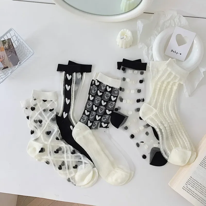 Fashion pointed Crystal Silk Socks Ultra-thin Harajuku Retro Crew Socks 3D Sexy Lace Mesh Fishnet Transparent Woman Sock Summer