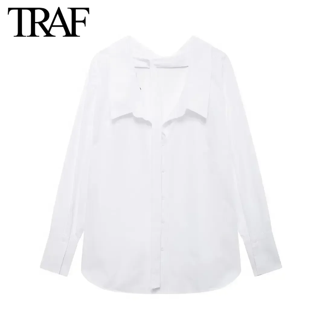 TRAF Women Fashion Autumn New Poplin White Long Sleeve Single Breasted Lapel Blouse Street Clothing Shirt Chic Ladies Top