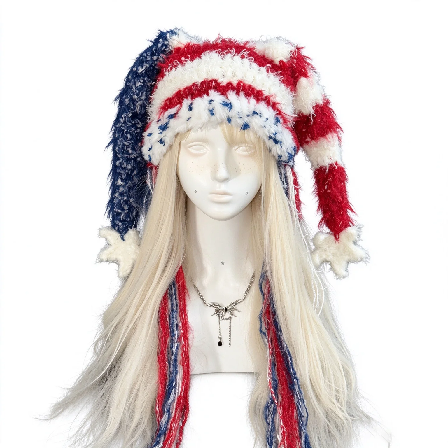 Handmade Red Blue Striped Jester Clown Hat Women Winter Warm Custom Crochet Plush Star Knit Beanie Men Cosplay Carnival Cap