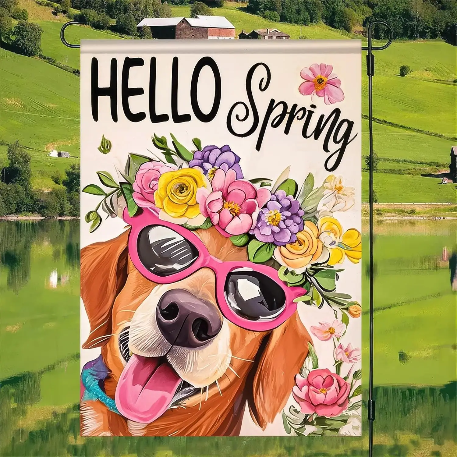 Hello Spring Garden Flag 12x18 Double Sided Small Flags with Dog Backdrop for Spring Summer Garden Flags Outside Holiday Sea SSL