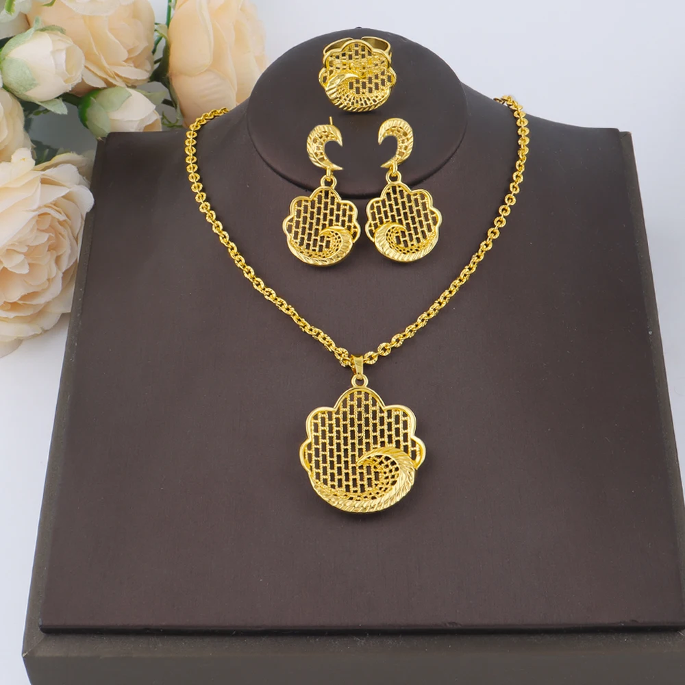 

Dubai Round Necklace Ring And Earrings Set For Women Wedding Gold Color Hollow Pendant African Jewelry Bridal Party Gift