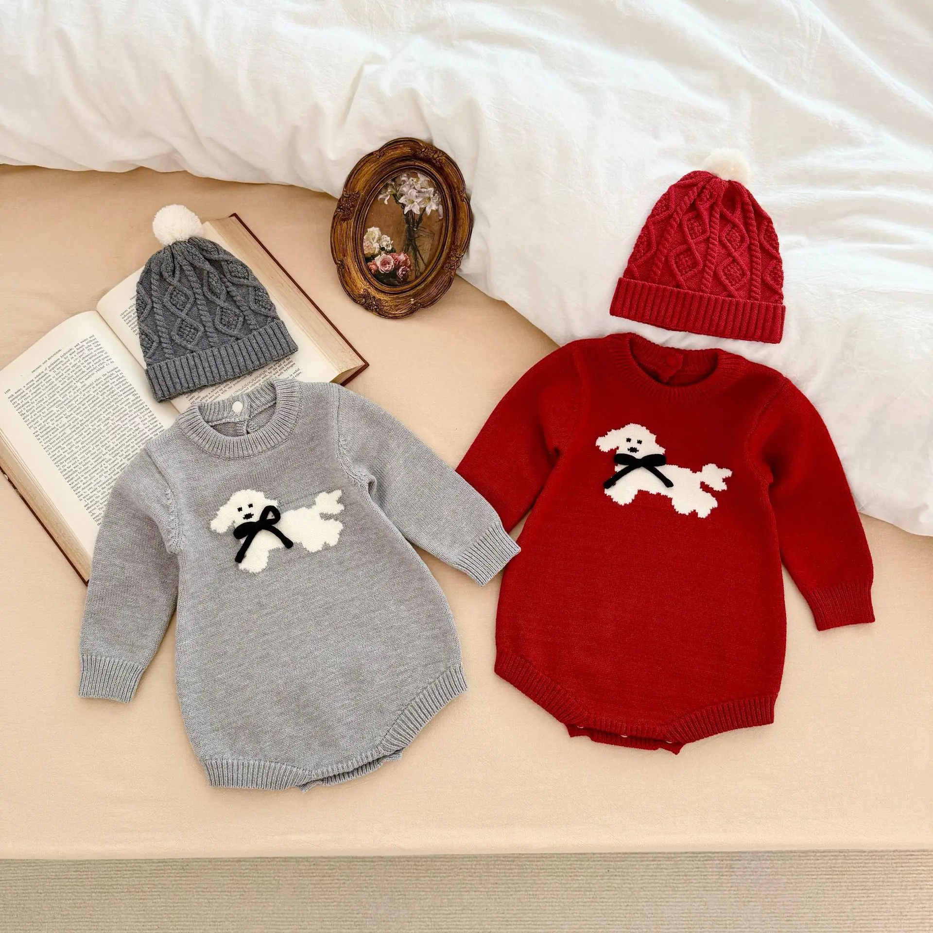 0-24M Winter Baby Knit Romper Winter Clothes Newborn Kid Boy Girl Sweater Animal Dog Print Bodysuit Cute Sweet Outfit