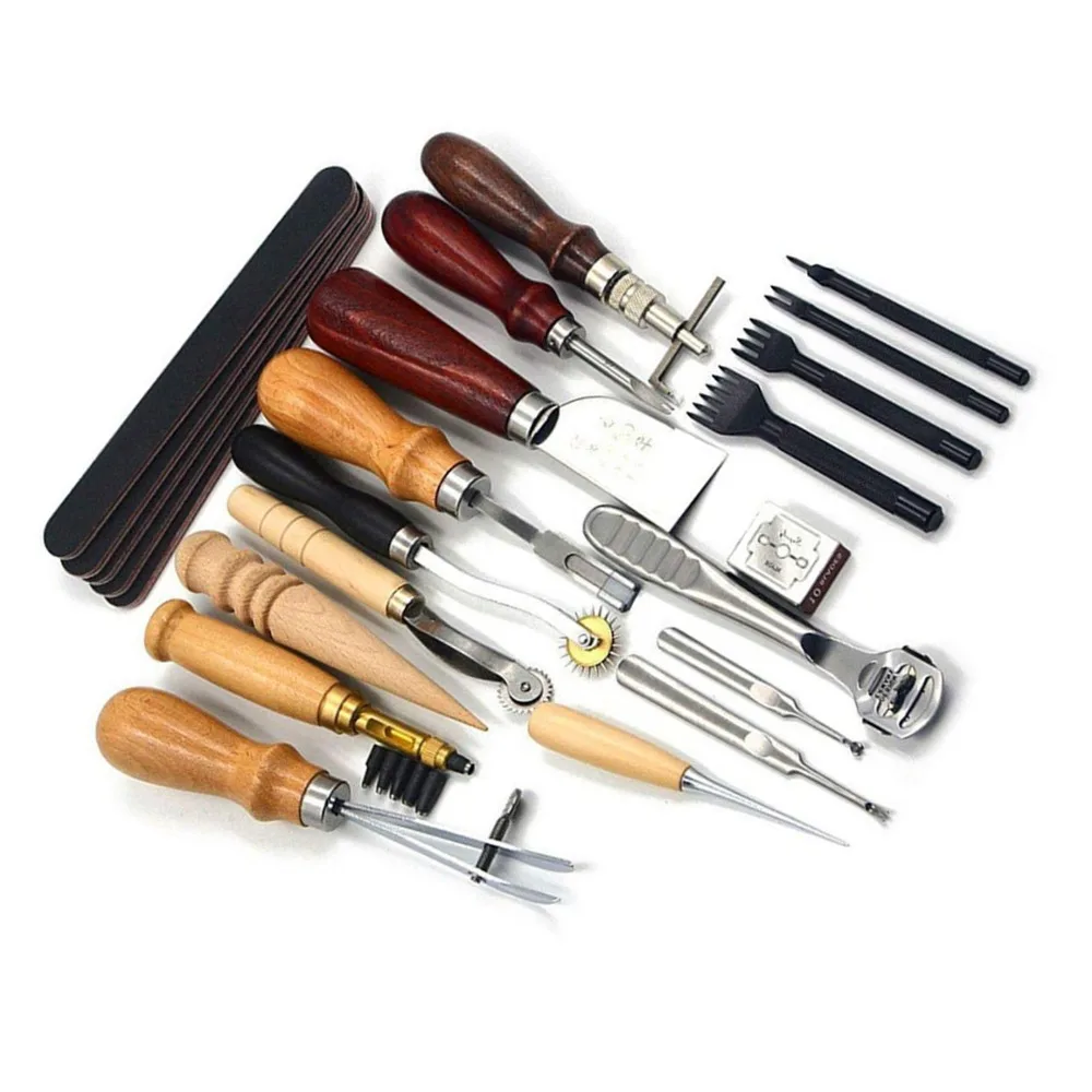 23pcs Awl Stylus Leather Craft Punch Tools Waxed Thread Carving Stitching Leather Stitching Tools Thimble Included