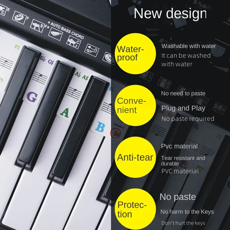 Piano Keyboard Stickers Grand/Electric Piano 61 Keys Stave Notation