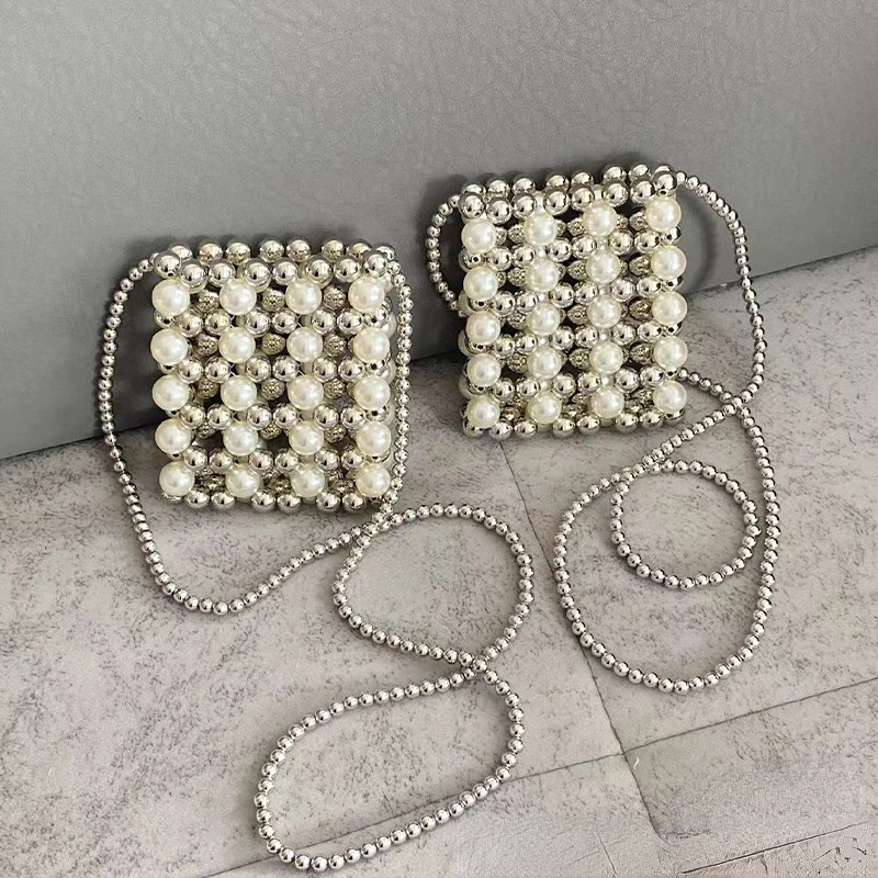 Metal Style Purses for Women Small Phone Flap Crossbody Bag DIY Pearl Woven Wallet Shoulder Bag Girls Coin Pouch Handbag