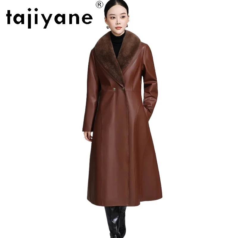 TAJIYANE جلد الغنم الحقيقي أوزة أسفل معطف المرأة طويلة ضئيلة سترات من الجلد الطبيعي مع فرو المنك طوق 2025 ملابس امرأة 신상 Jadiitet #1