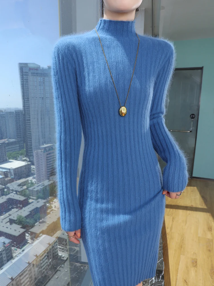 

TLOML New Women's 100% Mink Cashmere Dress Mock Neck Pullover Casual Style Autumn Winter Slim Soft Warm Cashmere Knitted Dress