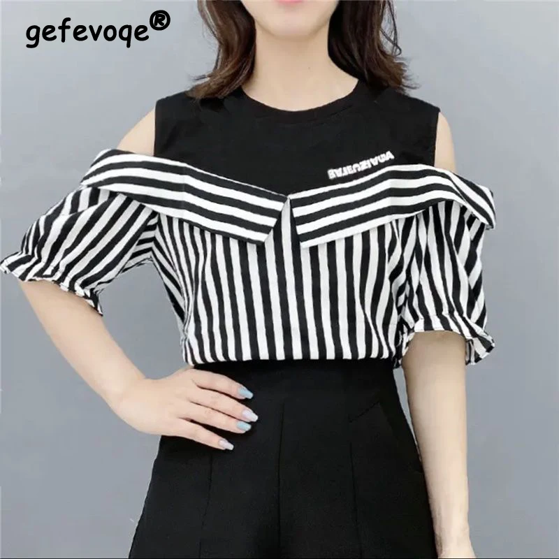 

Women's Korean Fashion Striped Print Patchwork Blouse 2024 Summer Sexy Off Shoulder Short Sleeve Shirt Female Casual Loose Tops