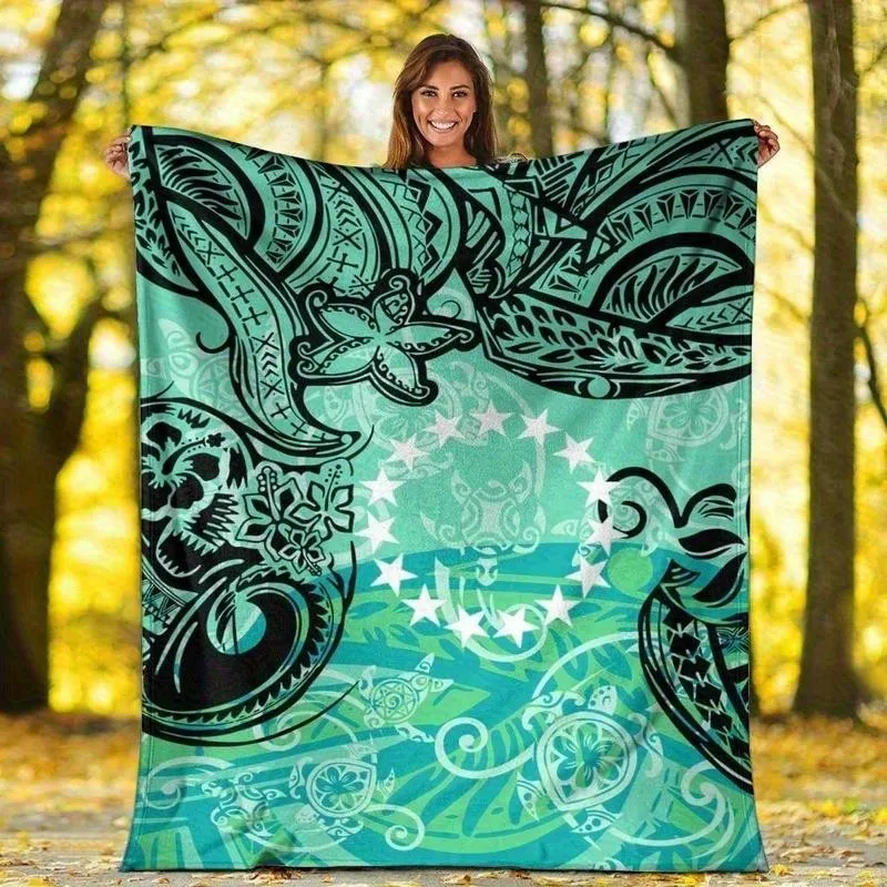 Teal Tribal Floral Flannel Blanket All-Season Soft Throw for Sofa Bed Camping Office