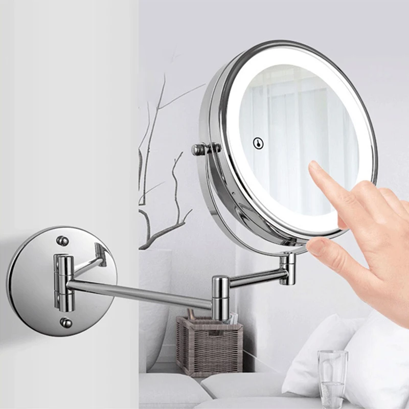 Led Folding Makeup Mirror Touch Function Chrome LED Bathroom Mirrors Dual Face Dual Arm Extend Black Led Bathroom Makeup Mirror