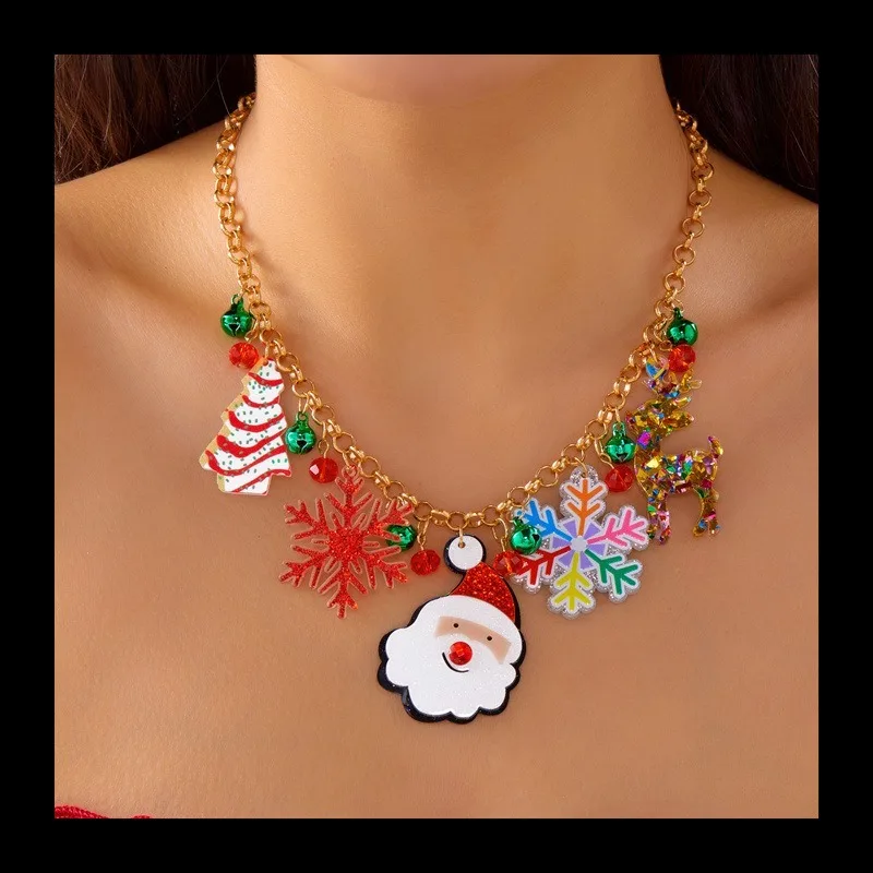 

Cute Cartoon Christmas New Necklace, on Sale Exaggerated Santa Claus Christmas Tree Snowflake Pendant Necklace