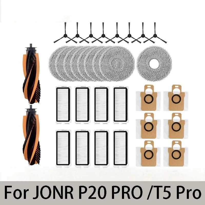 Acessórios para Aspirador de Pó Robô JONR P20 PRO / T5 Pro: Escova Principal, Escova Lateral, Filtro HEPA, Pano de Limpeza e Saco de Pó de Substituição