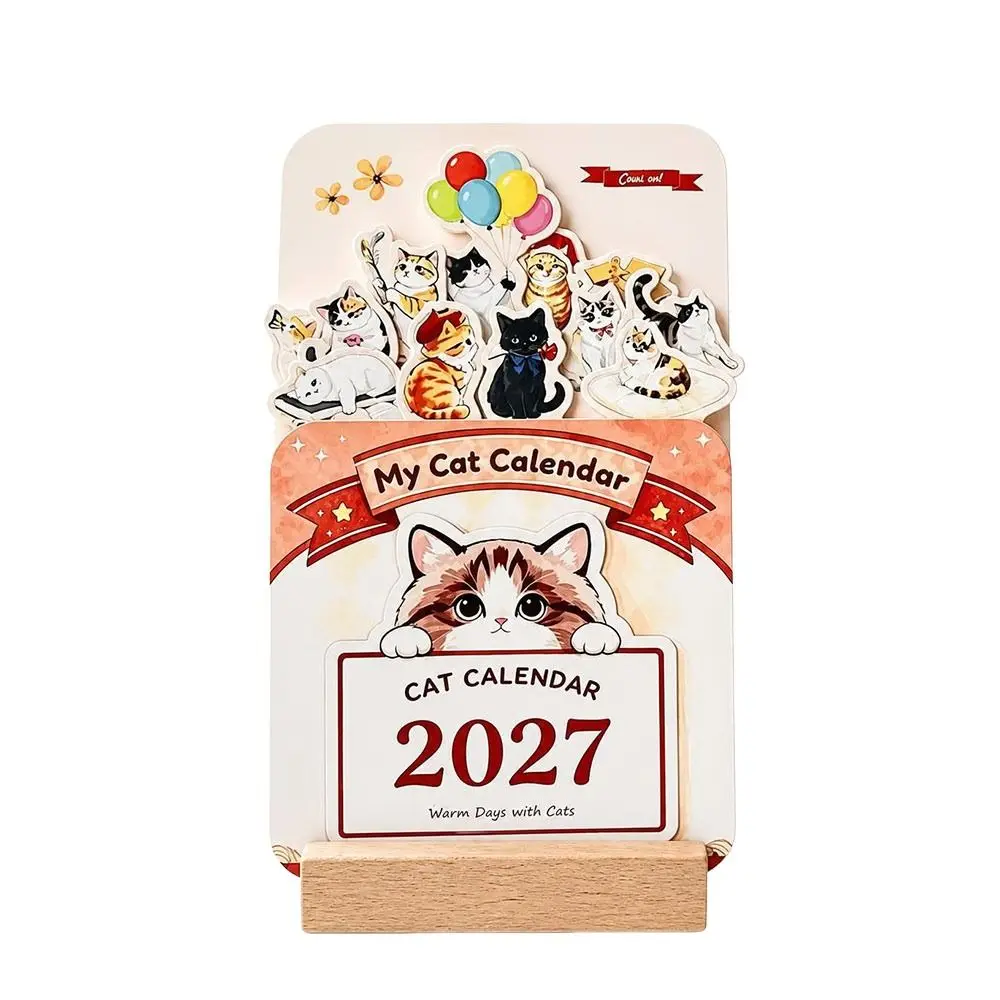 New Paper 2027 Desk Calendar Floral Artwork Monthly Wooden Table Calendar Wooden Base Monthly Desk Calendar Table Decoration