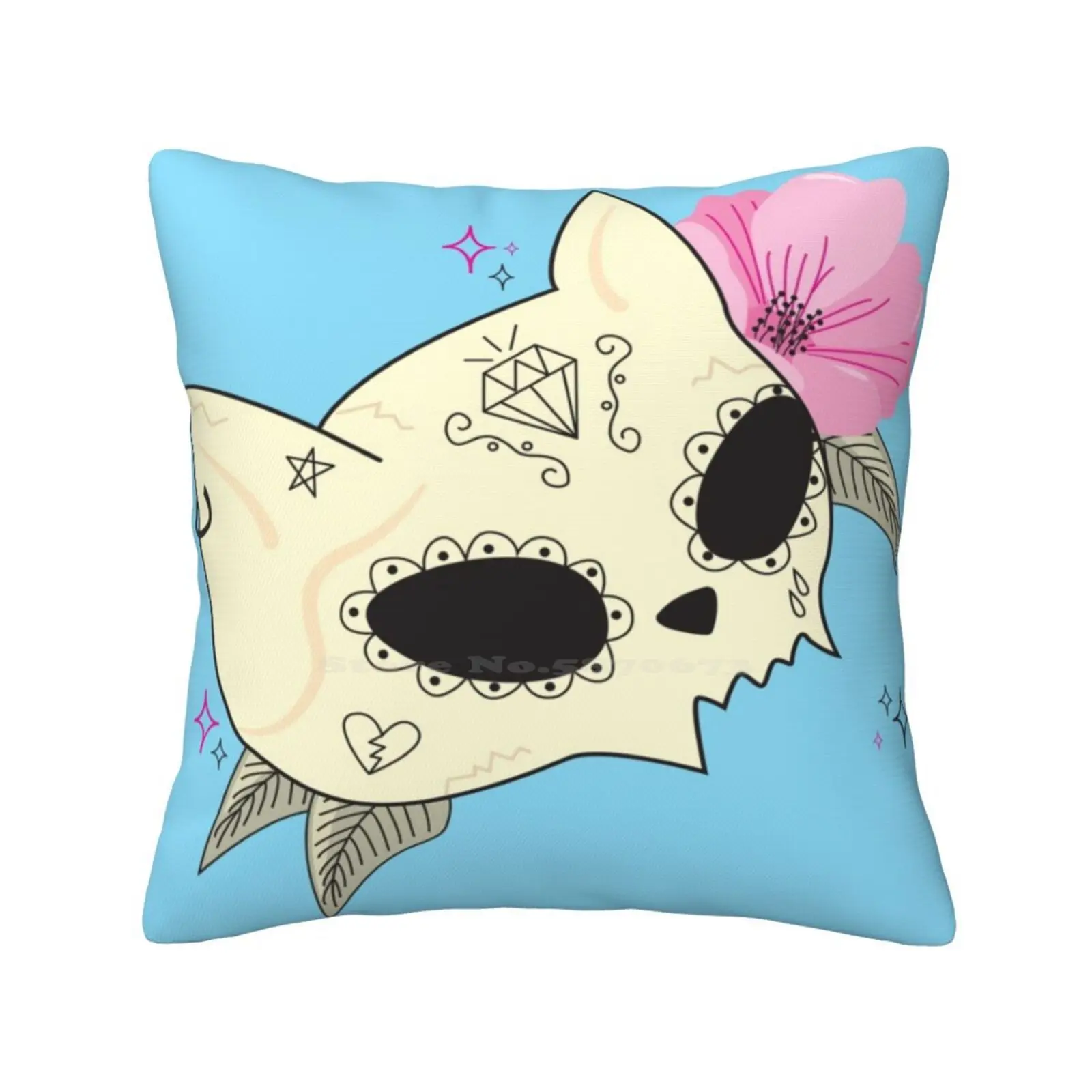 Cat Skull Vanitas Pillowslip Pillowcase Skull Cat Animal Pet Creepy Cute Vanitas Flower Nature Leafs Punk Goth Blue Pink Green