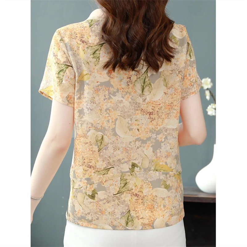 Blusa feminina com estampa floral frisada, camisa elegante de manga curta, blusa feminina solta chique, moda casual, verão, nova, 2024