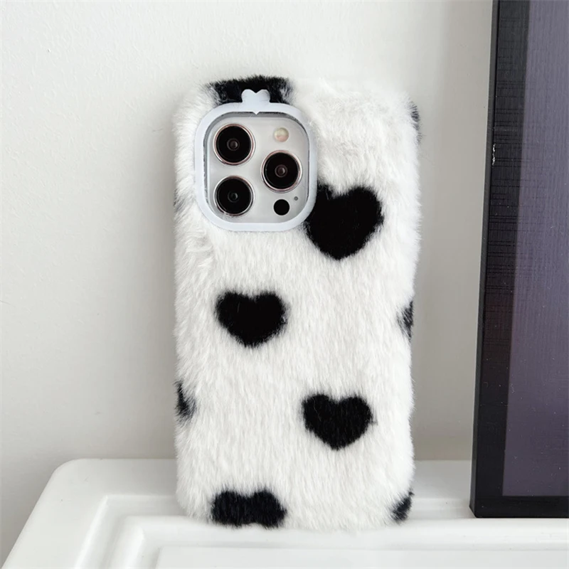 Funda de teléfono esponjosa de felpa con diseño de corazón de amor para iPhone 15 14 Plus 13 12 Mini 11 Pro Max X XS XR 7 8 Plus, funda cálida de invierno
