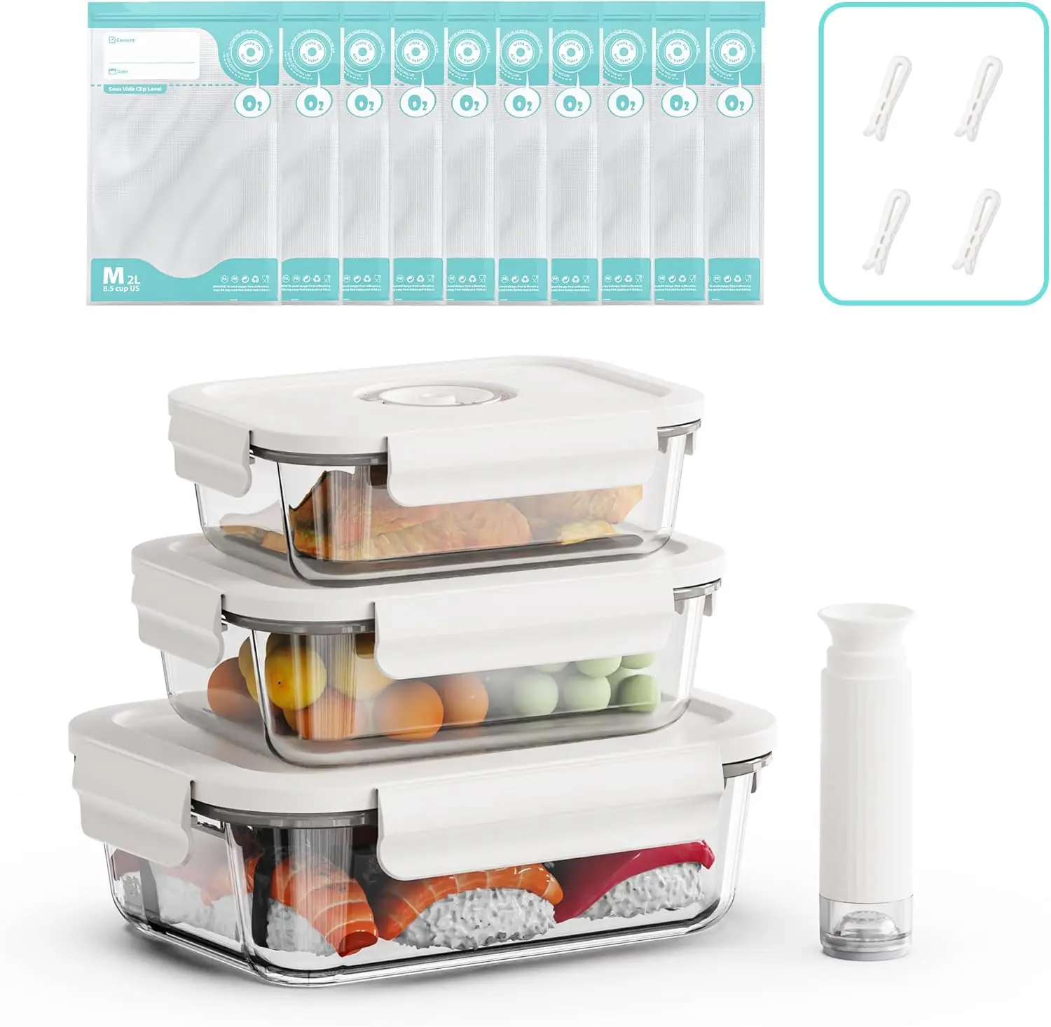 

Vacuum Seal Glass Food Storage Containers, 3pcs Containers with 10pcs Sous Vide Bags/ 1pc Manual Pump, Meal Prep Container wi