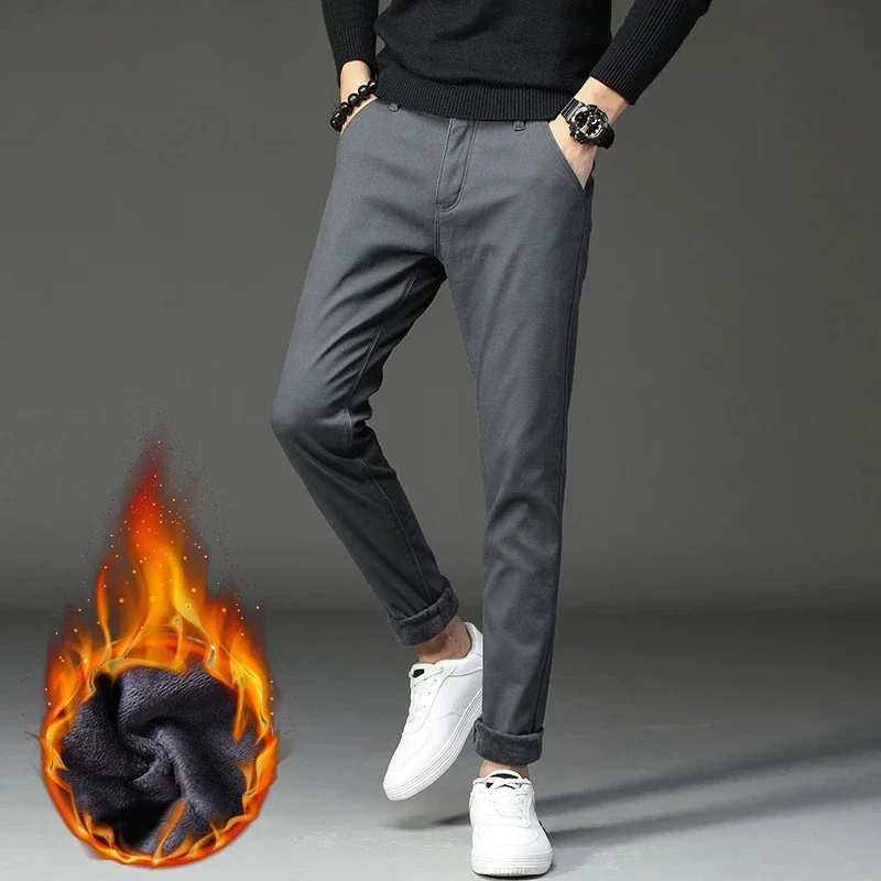 

2025 Winter New Men's Slim Warm Casual Pants Business Fashion Classic Style Cotton Stretch Tight Thicken Trousers Male Brand