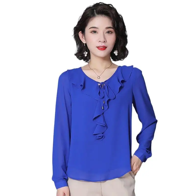 Hot Sale Women Solid Color Chiffon Tops Casual Loose Slim Basic Ladies Office Clothing New Fashion Ruffles Shirts blusa feminina