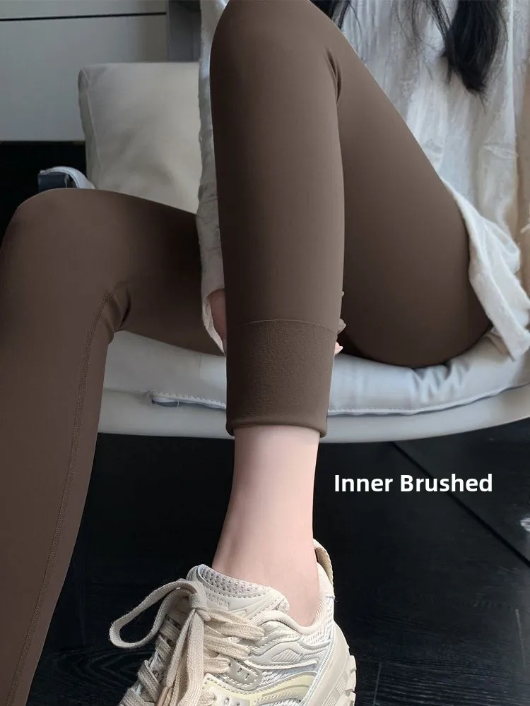 

Брюки для йоги с высокой талией на подкладке из кожи кожи, женские осенне-зимние теплые длинные леггинсы с подтяжкой живота