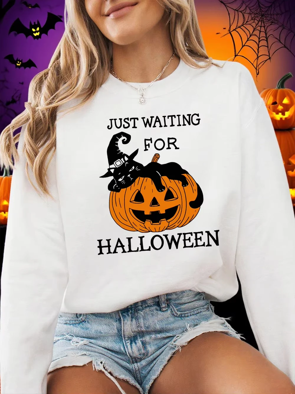 

Just Waiting for Halloween Printing Sweatshirts Women Crewneck Sporty Hoodie Loose Fleece Warm Pullovers Winter Casual Clothes