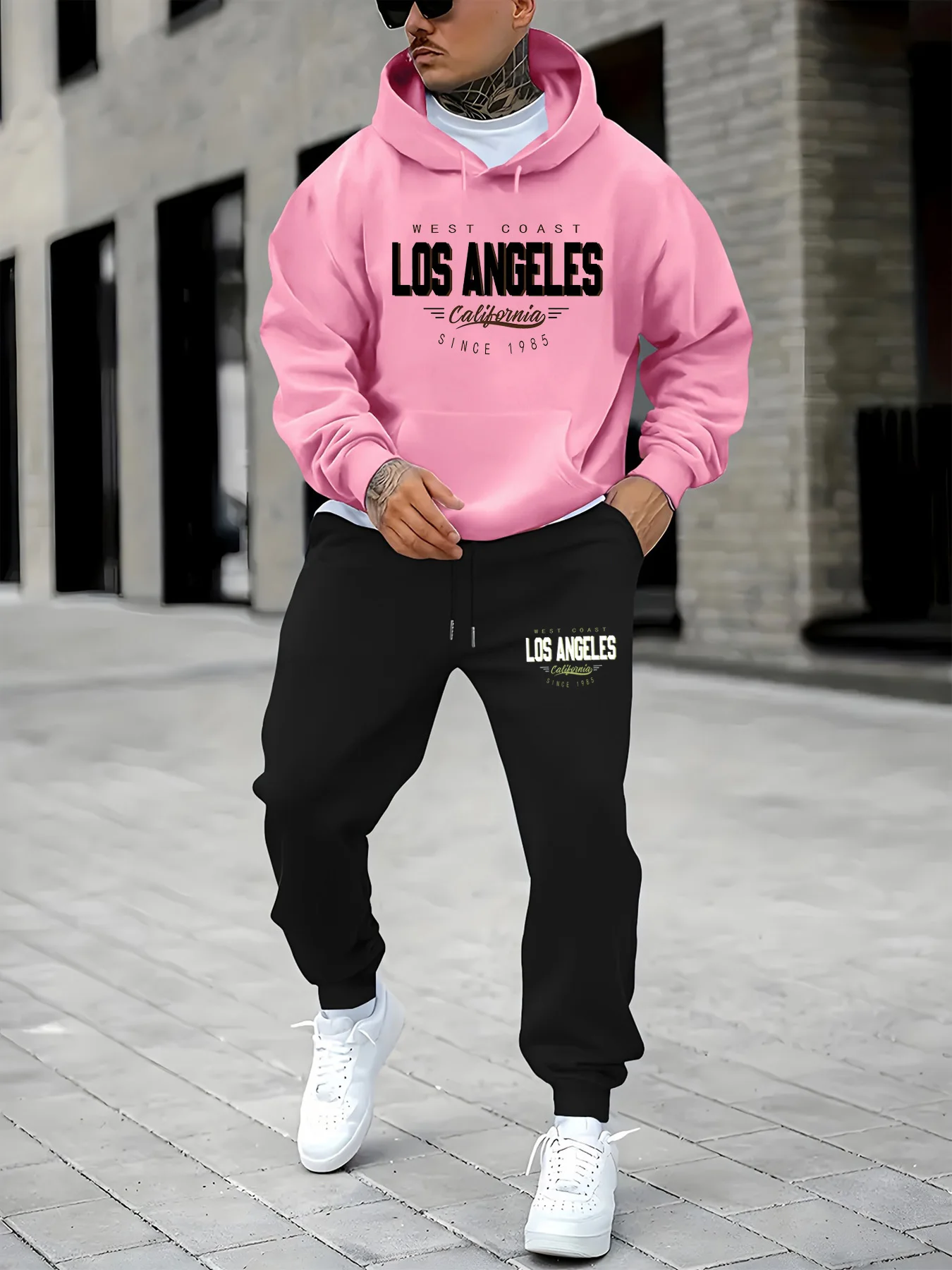 Ensemble sweat à capuche et pantalon de survêtement pour hommes, décontracté, chaud, Los Angeles, californie, côte ouest, imprimé, ample et peluche, automne et hiver