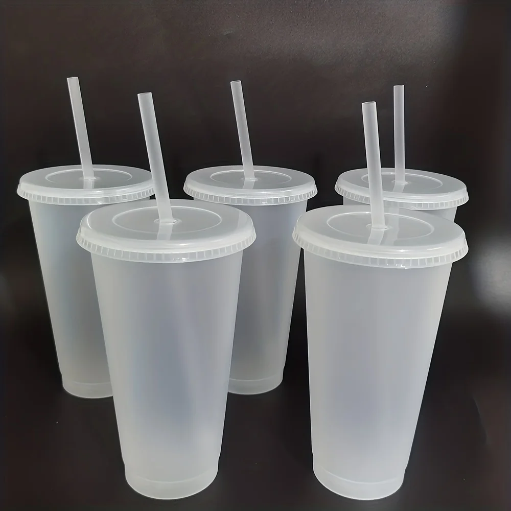 5pcs, 24.01oz Tumblers With Lids And Straws Reusable Plastic Cups Iced Coffee Large Water Bottle Party Cold Mug Summer Drinkware