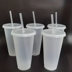 5pcs 24oz Reusable Plastic Cups With Straw Lids Tumblers Cup Iced Coffee Large Water Bottle Travel Summer Party Adults Cold Mug