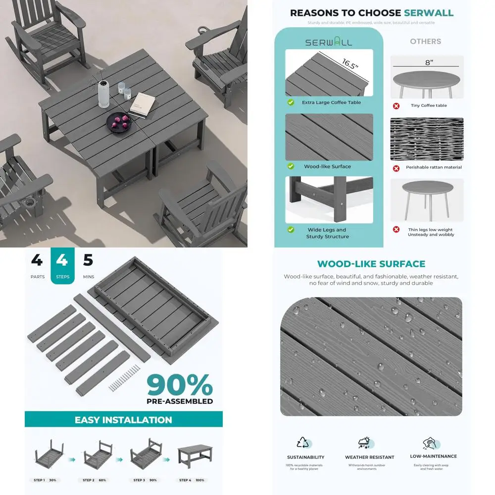 

Серый прямоугольный журнальный столик из ПЭВП для патио, набор из 2 шт.