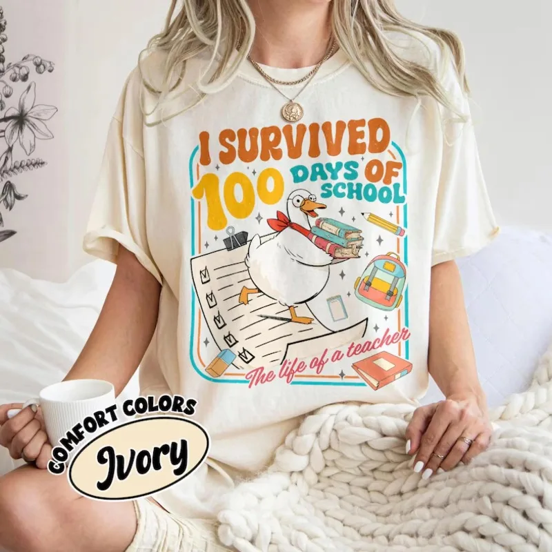 I Survived 100 Days of School  Shirt, The Life of a Teacher T-shirt, Team Elementary School Gifts, Funny Meme Goose Tee