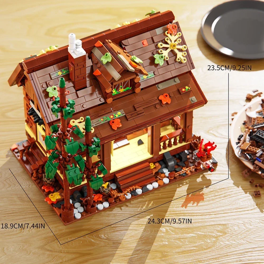 Blocs de construction de cabine de bûches forestière, série Street View, ville, forêt, maison en bois, modèle de briques, jouets pour garçons, cadeaux d'anniversaire avec LED