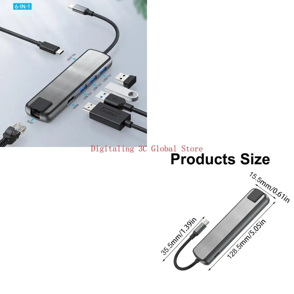 

6 В 1 AUMINUM Docting Station USB C до USB3.0 PD60W Gigabits Adhernet Adapter USB C Hub для аксессуаров для ноутбуков