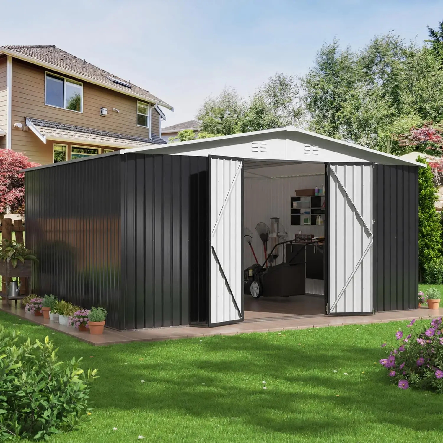 12x14 FT Outdoor Storage Shed | Garden Shed with Updated Frame Structure and Lockable Doors, Metal Tool Sheds for, Customized