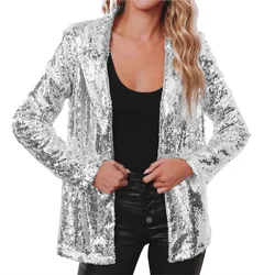 Solid Sequin Shinny Shirts Jacket Womens Casual Loose Chic Cardigan Blazer Stage Women's Fashion Trendy Party Nightclub Costume