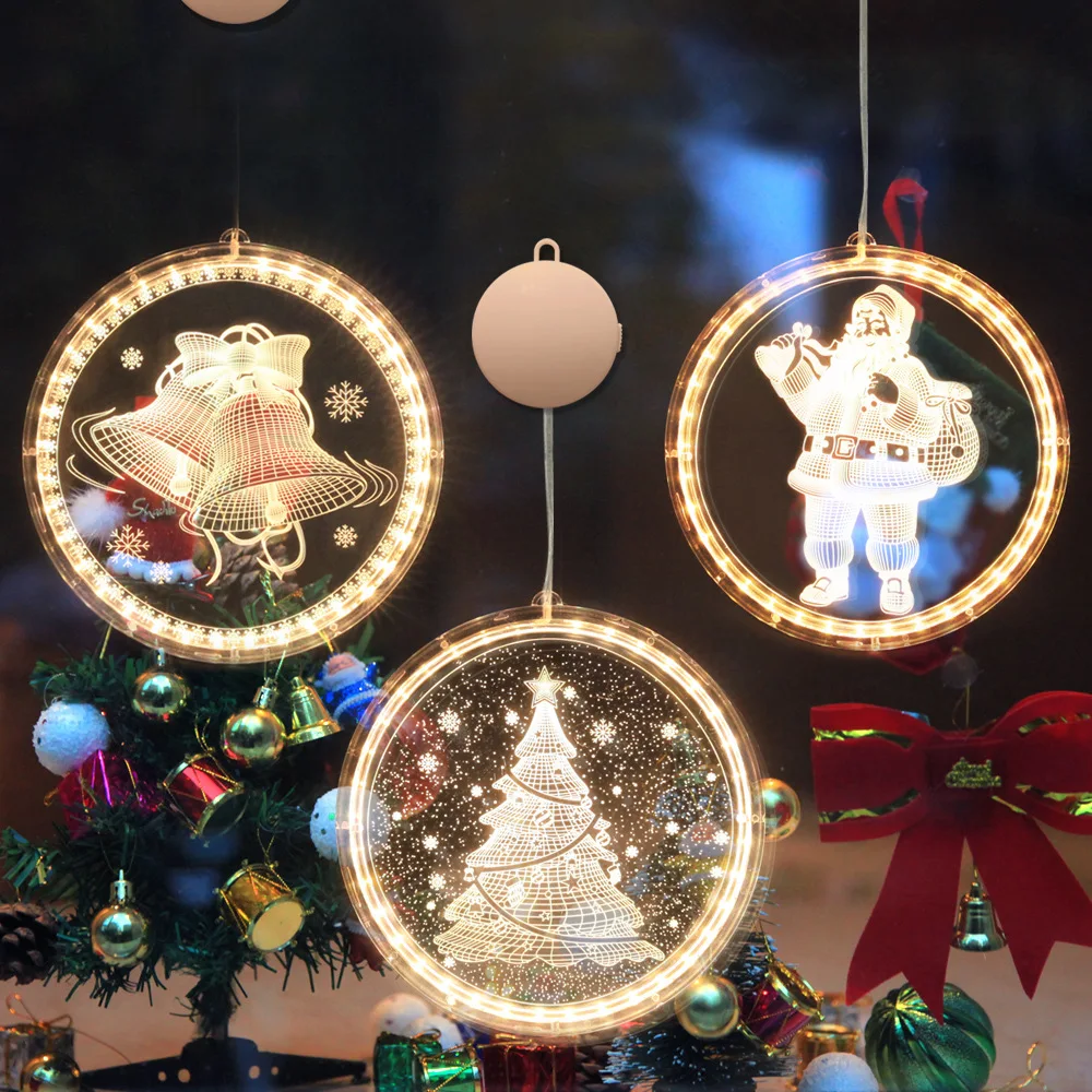 22cm 3D LED Suction Cup Light Christmas Lights Elk Bells Santa Claus Snowflakes Tree Snowman Lamp for Room Window Decoration