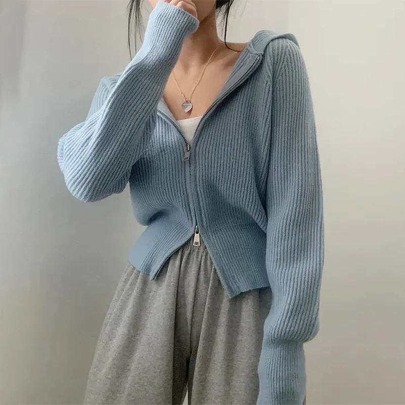 Chique outono inverno de malha manga crida com capuz cintura-cinching design de zíper jaqueta suéter versátil simples zípe...