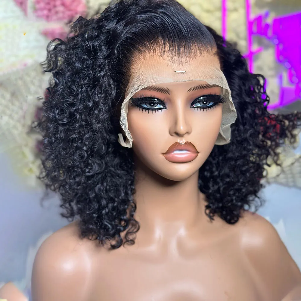 Natural Black Kinky Curly Soft Glueless 180%Density Short Blunt Cut Bob Deep Lace Front Wigs For Women With Baby Hair Preplucked