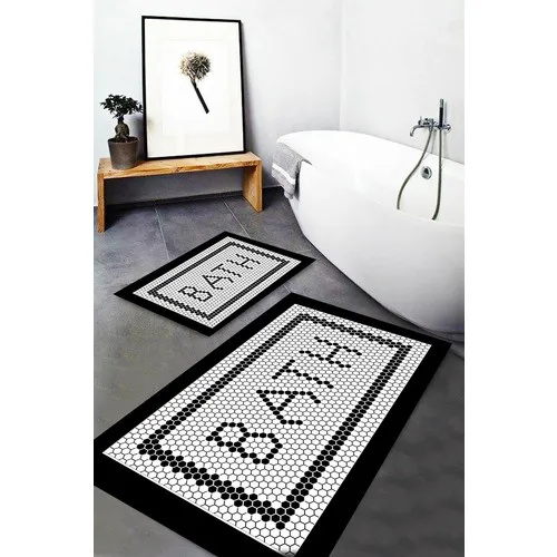 Else Carpet Else Black White Bath Pattern Washable Anti-Slip Soles 2li Bath Mat Doormat Toilet Seat Pad