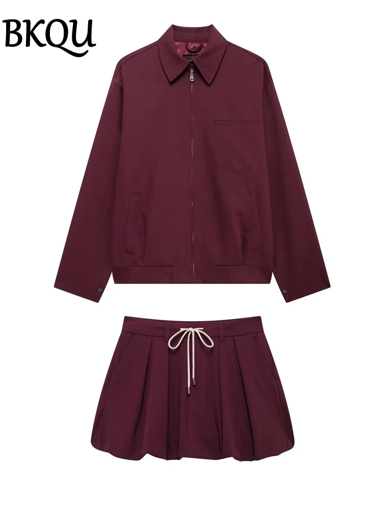 BKQU Fashion Two Piece Sets Women Long Sleeves Zipper Jackets and Tied Lantern Mini Skirt Wine Red Casual Street 2 Piece Outfits