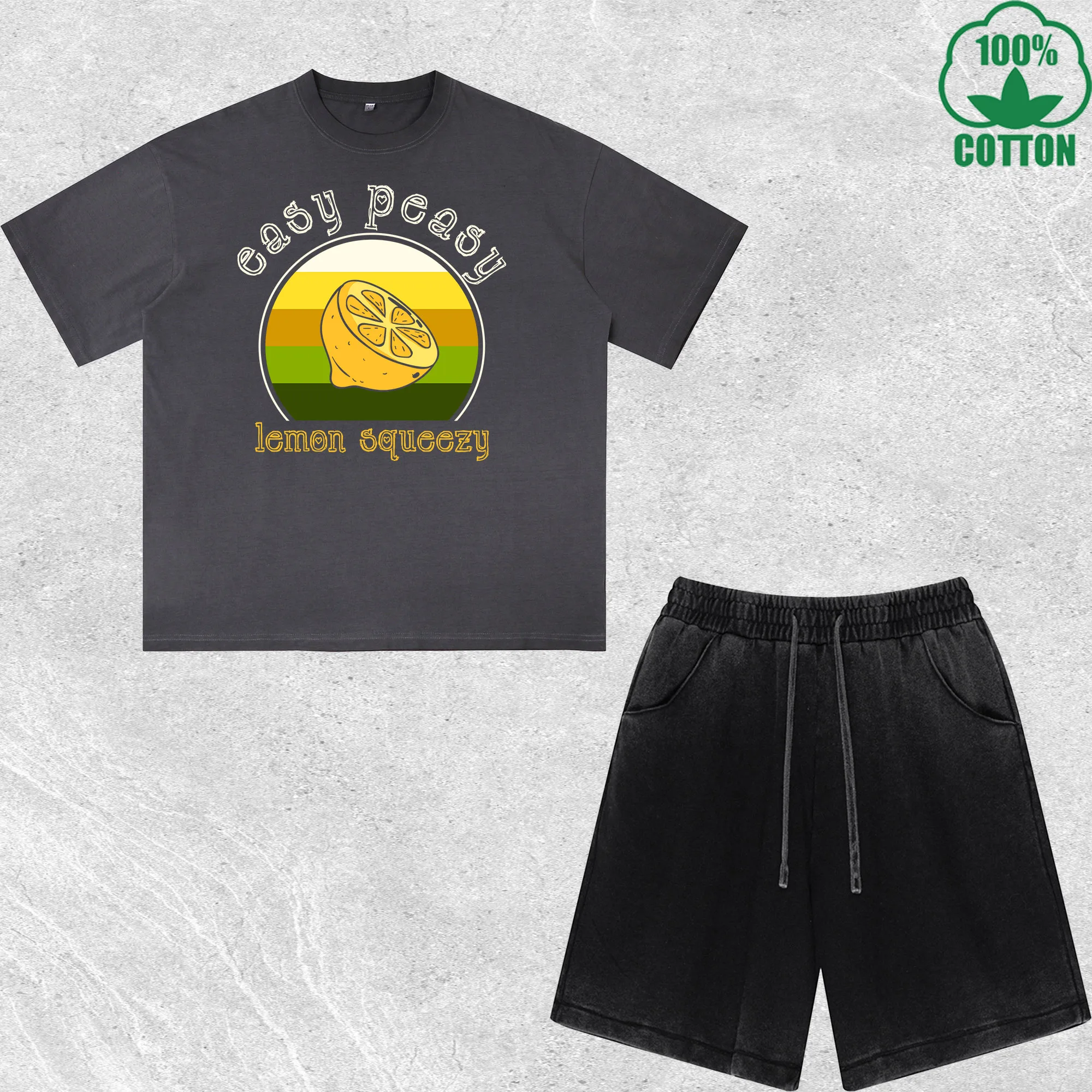 

Easy Peasy Lemon Printed Dirty Wash T-Shirt Shorts Set Multicolor Combo Loose Trendy Fashionable 100%Cotton