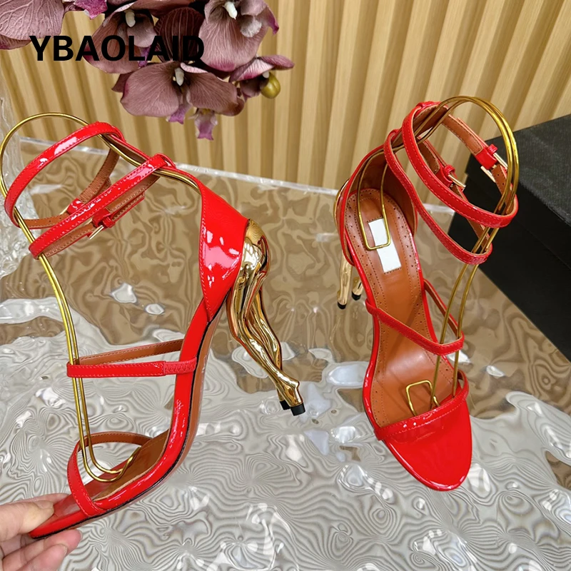 

Personal Strange Style Metal High Heel Sandals Women Narrow Band Ankle Buckle Strap Solid Concise Sexy Ladies Runway Summer Shoe