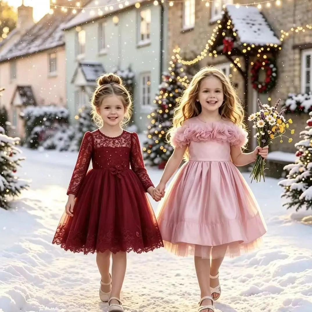 New 3-10T Girls' Princess Dress Girls' Birthday Party Bubble Sleeves Grenadine Trail Dress Girls' Christmas Dress